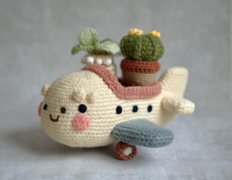 Un adorable avi&oacute;n de ganchillo con plantas en la cabina.
