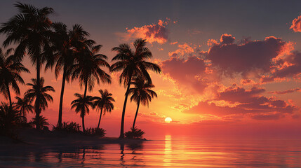 An orange sunset over a tropical island with palm trees silhouettes the calm ocean 