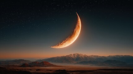 Glowing crescent moon in a starlit night sky