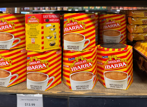 Calgary, Alberta, Canada. Jan 19, 2026. Shelves of Chocolate Ibarra hot chocolate drink tablets on display at a Latin American grocery store.
