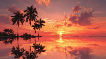 A tropical sunset with palm trees reflecting in the calm water. The sky is ablaze with vibrant hues of orange and pink