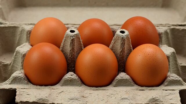 Six brown eggs in a carton