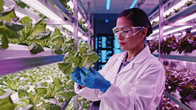 Woman botanist inspecting hydroponic plants in vertical farm. Asian scientist in lab coat and goggles handling leafy greens under LED lights. Indoor sustainable agriculture and modern farming concept.
