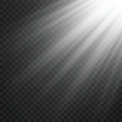 Realistic White Sun Ray Light Beam from Corner Overlay. Vector