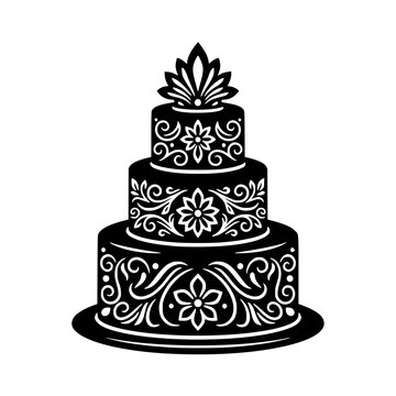 Decorative vector of a three-tiered wedding cake featuring elegant floral and leaf engraving patterns.