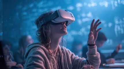 Student uses virtual reality headset in classroom during a technology lesson at an educational institution in the evening