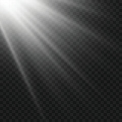 Realistic White Sun Ray Light Beam from Corner Overlay. Vector