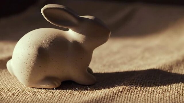 ceramic rabbit figurine on burlap, warm sunlight casting soft shadows across textured fabric, minimal still life composition showcasing handmade clay form, cozy rustic mood, tabletop decor