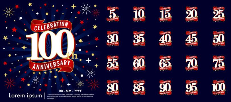 Set of elegant anniversary celebration logo with red ribbons, gold stars on starburst dark blue background