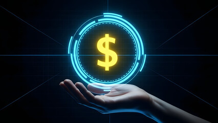 A glowing digital dollar sign hovering above an outstretched hand