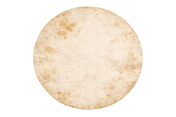 Round aged paper background with textured surface, vintage parchment circle with worn distressed stains, transparent