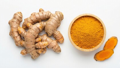 Fresh Turmeric Roots and Ground Turmeric Powder Isolated on White Background