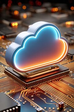 Glowing cloud icon on a microchip, neon blue and orange signaling cloud computing and tech