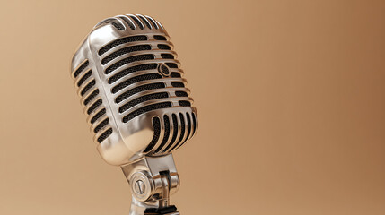 A vintage microphone stands against a neutral backdrop. The microphone is made of polished metal, gleaming in the light. 
