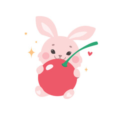 Cute pink bunny with a big cherry. Fluffy bunny character for Valentine's Day. Cheerful mascot for February 14th.