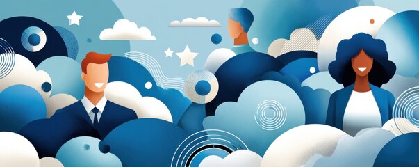 Professional team in blue abstract background, diverse people smiling and collaborating