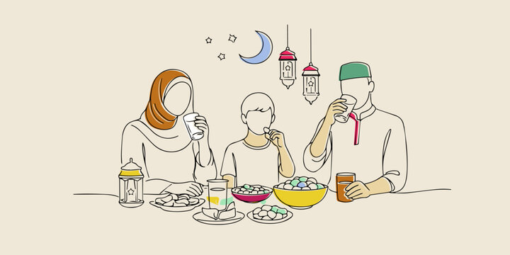 Line art illustration of a family breaking fast together during Ramadan. Hand drawn artwork representing togetherness, iftar moment, Islamic values, and warm family atmosphere.