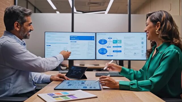 Asian consultant and client review dashboard, dual monitors displaying colorful charts and metrics, tablet with slide deck on desk, man in shirt and woman in green blouse exchanging notes,