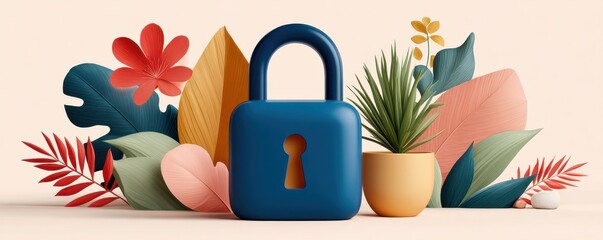 Blue padlock at the center with colorful abstract hills and clouds, symbolizing security and privacy