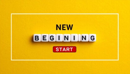 New beginning concept with tiles spelling BEGINING and red START button