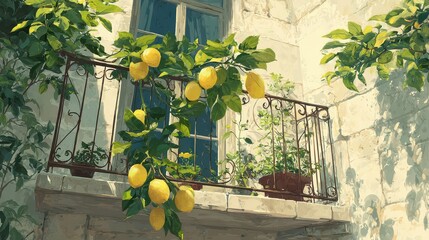 Lemons hang from a balcony surrounded by plants in a sunny location while sunlight shines on the stone wall