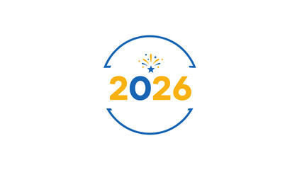 2026 Year Celebration with Fireworks and Stars Logo on White Background