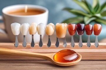 Dental shade guide with tooth color samples on a wooden rack and spoon of gel