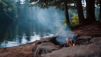 Fototapeta premium A serene campfire glows on a rocky lakeshore with smoke drifting through a misty tree lined natural landscape