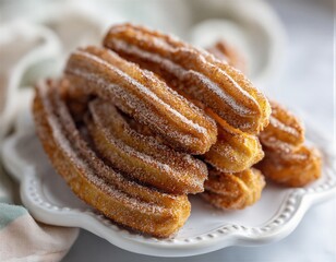 Un primer plano de una torre de churros reci&eacute;n hechos, cubiertos de az&uacute;car glas, sobre un plato de porcelana.