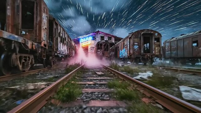 abandoned train yard at night with neon signals, moving graffiticovered carriages, drifting pink smoke, wet rails, motion blur and star trails cinematic urban decay, eerie atmosphere,
