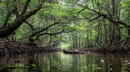 Dense mangrove forest with water reflecting trees and roots in a wetland area during the daytime in a tropical location