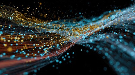 Abstract digital data stream with particles on black background