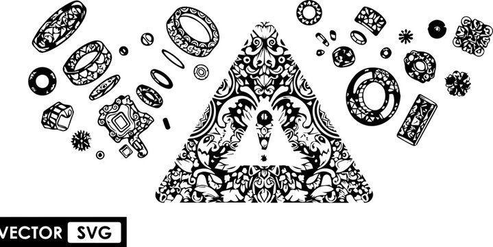 Ornate Exclamation Mark Warning Sign Triangle with Intricate Floral Zentangle Patterns and Floating Decorative Rings