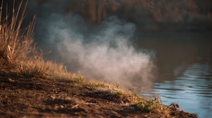 Fototapeta premium White smoke or steam drifts from a tranquil lakeside bank in soft morning or evening light