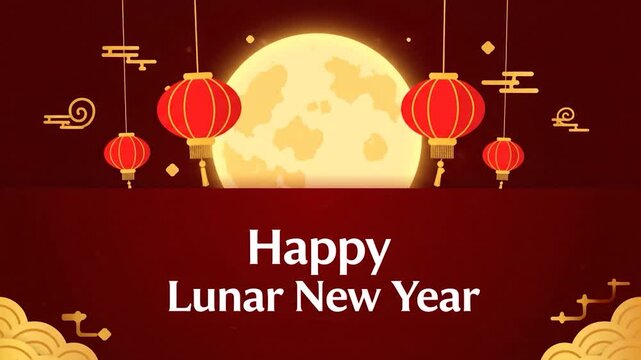 Happy Lunar New Year with Moon and Moving paper Lanterns