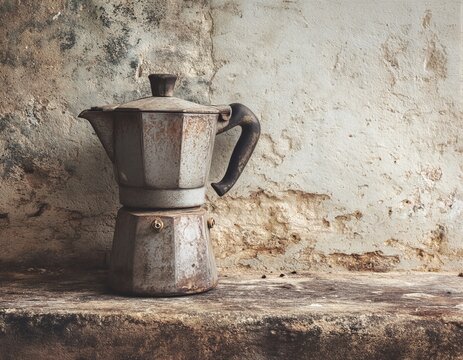 Una cafetera moka oxidada sobre un alf&eacute;izar de piedra.