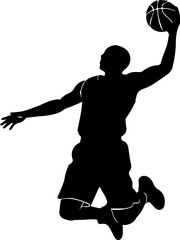 Athletic Black Silhouette of a Basketball Player Performing a Slam Dunk in Mid-Air Action © Teh