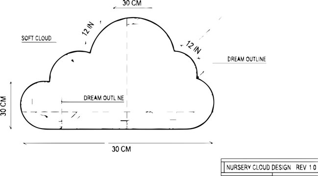 Technical drawing and blueprint of a nursery cloud design, cloud shape construction with measurements and dimensions