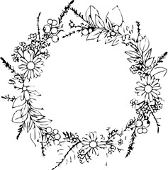 Fototapeta premium Delicate Hand Drawn Wildflower and Herbal Wreath, Botanical Circle Frame Illustration in Line Art