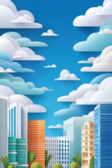 Obraz premium Vibrant cloud city illustration featuring tall buildings and paper-cut clouds for digital design