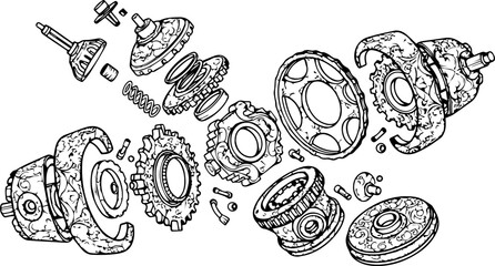 Obraz premium Artistic Exploded View Illustration of Mechanical Gears and Components with Ornate Floral Engravings