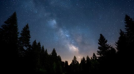 Fototapeta premium The majestic Milky Way galaxy shines brightly above a dark silhouetted forest under a starry night sky