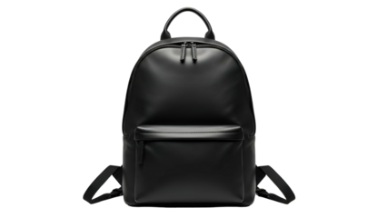 Front view of a sleek, black backpack on a black background. Features a small front pocket and top handle