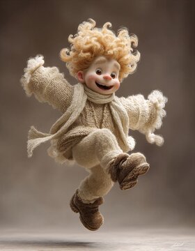 Un ni&ntilde;o con un chaleco de lana salta con alegr&iacute;a en un fondo neutro.