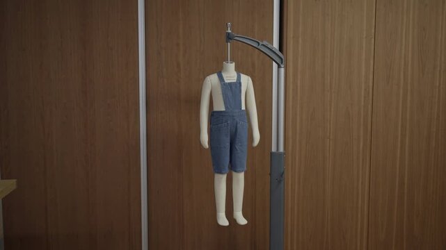 child mannequin dressed in denim overalls displayed in studio interior