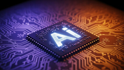 Close-up of a glowing AI chip on a circuit board with purple and orange lighting