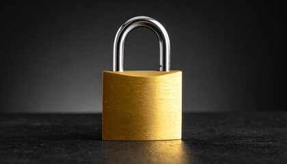 Fototapeta premium Brass padlock with silver shackle on dark surface, symbolizing security and privacy.