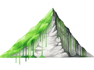 Green paint dripping down a white and gray mountain peak on transparent background