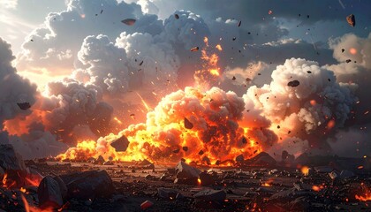 Fiery explosion in desolate landscape with billowing smoke, airborne debris, and scorched terrain.