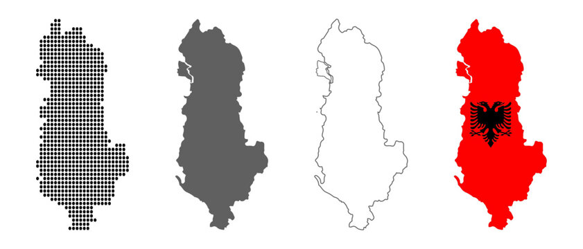 Albania map set with dotted solid outline and flag style vector illustration